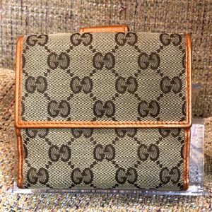 GUCCI GG Monogram Canvas Burned Orange Leather Trifold Wallet Monogrammed Clasp